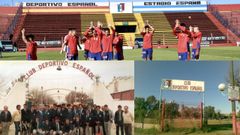 Arriba:�los jugadores saludan a la afici�n con la grada ic�nica del estadio�Nueva Espa�a de fondo. Abajo, izquierda: una de las formaciones hist�ricas del Deportivo Espa�ol. Abajo, derecha: acceso a uno de los campos de la ciudad deportiva.