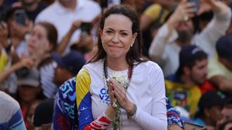 Mar&iacute;a Corina Machado en una manifestaci&oacute;n contra Maduro, d&iacute;as despu&eacute;s de ser capturado por Estados Unidos.