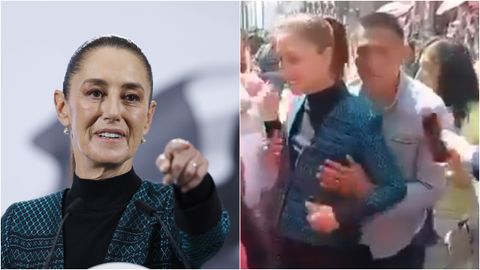 Sheinbaum, a la izquierda, durante una comparecencia pblica este martes. A la derecha, ese mismo da, sufriendo el episodio de acoso sexual.