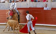 El joven novillero lvaro Lorenzo durante la tienda de una de las seis becerras de Alcurrucn. 