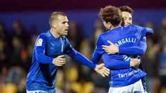 Borja S�nchez, Marco Sangalli y Alfredo Ortu�o celebran el 0-1 ante el Alcorc�n