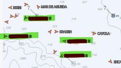 Captura de pantalla de un geolocalizador con cuatro se�ales AIS de un mismo barco que en realidad marcan sus boyas y aparejos de pesca en caladeros comunitarios.