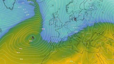 Previsión para el próximo miércoles, cuando el anticiclón al oeste y una borrasca sobre Dinamarca crearán un corredor de isobaras que canalizará aire desde el Ártico hasta Galicia