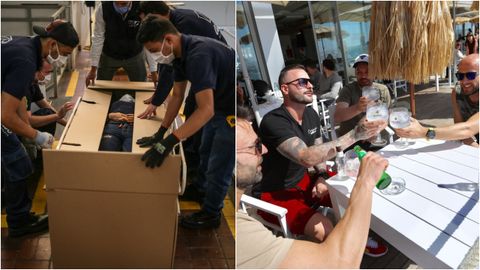 A la izquierda, la caja-atad patentada por la empresa colombiana ABC Displays. A la derecha, jvenes disfrutando este sbado en una terraza