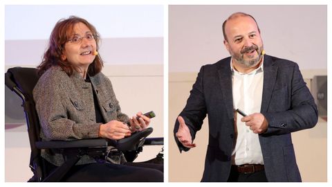 Elena V�zquez Abal y Manuel Gago, durante el primer <span lang= gl >Foro de Divulgaci�n e Cultura Cient�fica da USC</span>