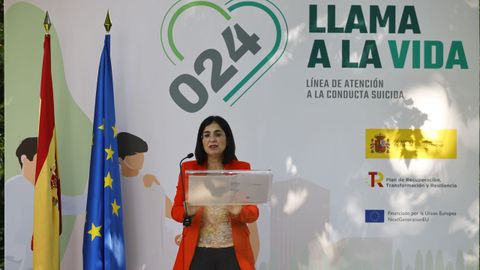 La ministra de Sanidad, Carolina Darias, durante la presentacin de la lnea 024