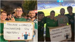 C�sar Crego, a la derecha en la primera imagen, y tercero por la izquierda en la segunda, en Cornell�.