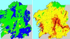  A la izquierda, un mapa de riesgo de incendios de la Conseller�a de Medio Rural del pasado d�a 22, en el que predominan en el sur lucense los colores verde y azul, que indican respectivamente riesgo bajo y moderado. En el mapa de este lunes (a la derecha) predominan los colores que indican riesgo alto, muy alto y extremo