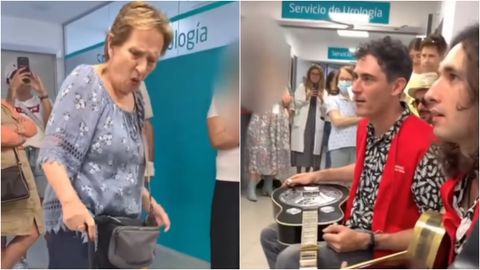 Dos fotogramas del vídeo grabado en el Hospital Jiménez Díaz de Madrid con la improvisada actuación de la anciana con los músicos de «Música en vena».