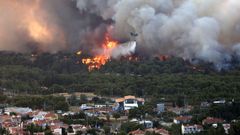 Un helic�ptero antiincendios sobre vuela las llamas en el �rea de Varibombi, en las afueras de Atenas