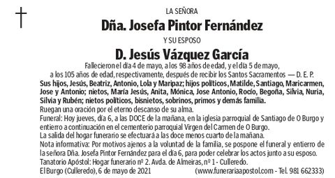 Esquela de Josefa y Jess, publicada este jueves en La Voz