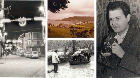 Poldito, de joven con su cmara, y tres fotos hechas por l, en el casco antiguo de Cedeira, una vista con la playa de A Magdalena al fondo y el acceso de colegialesen lancha a la escuela de un pueblo astur donde trabaj su mujer, profesora