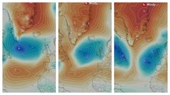 <br />En esta secuencia se aprecia el proceso de formacin del bloqueo groenlands y sus efectos. A medida que una masa de aire clido asciende desde el Atlntico hacia el rtico se refuerza una dorsal anticiclnica sobre Groenlandia, visible en tonos rojizos. Al mismo tiempo, el flujo descendente de aire hacia latitudes ms bajas da lugar a la formacin de una borrasca en el Atlntico oriental. El resultado es un patrn con altas presiones al norte y bajas al sur.