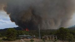La columna de humo del incendio, vista desde el municipio de Sant Mart� de Tous