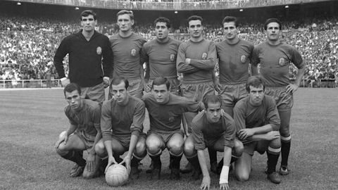 Los jugadores de la seleccin nacional espaola en la Eurocopa de 1964. De pie de i.a d.: Iribar, Zoco, Olivella, Fust, Calleja, Rivilla. Agachados de ia d.: Amancio, Pereda, Marcelino, Luis Surez y Lapetra 