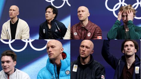 Benoit Richaud, con algunos de los deportistas a los que dirige en los Juegos de Invierno (un franc�s, un canadiense, un estadounidense y un georgiano)