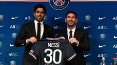 Nasser Al Khelaifi y Leo Messi.Nasser Al Khelaifi en la presentacin de Leo Messi como jugador del PSG