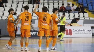 Marquinho, Izan, Charly y Jason celebran un gol en el partido del mircoles contra el Lugo Sala.