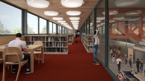 Imagen virtual del anteproyecto de la Factoría Moza de la sala de estudio, con vistas interiores al resto del recinto