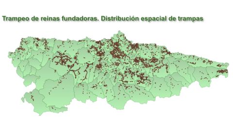 Distribucin espacial del trampeo de reinas fundadoras de Vespa velutina en 2021