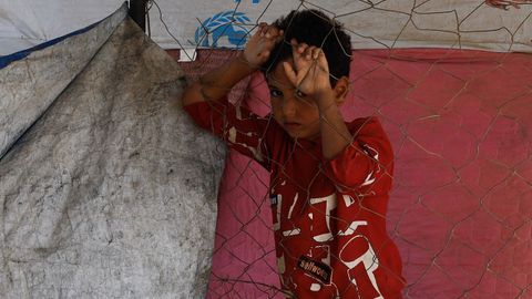 Un nio desplazado, que huy de la ciudad de Gaza, junto a una valla mientras descansa al borde de la carretera, en el centro de la Franja de Gaza este domingo.