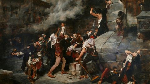 Detalle del cuadro &laquo;&iexcl;A los pies del Salvador!&raquo; (1887), &oacute;leo de Vicente Cutanda (Madrid, 1850-Toledo, 1925) que representa una turba enfurecida de cristianos persiguiendo a los jud&iacute;os que habitaban en la Edad Media la ciudad de Toledo.