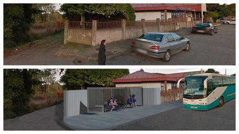 Arriba, el estado actual de una parada de autob�s en Vilalba. Abajo, c�mo quedar�a con el nuevo proyecto