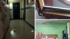 El pasillo, ayer, en parte inundado; estado de una de las ventanas de madera del colegio y, en la �ltima imagen, humedades en un techo