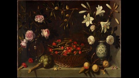 Juan Van Der Hamen y Len. Bodegn con frutas, alcachofa y flores o Cesta de guistantes y cerezas con floreros (hacia 1621) 