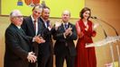 El ministro de Universidades, Manuel Castells; el de Ciencia e Innovaci�n, Pedro Duque; el vicepresidente de Derechos Sociales y Agenda 2030, Pablo Iglesias; el  ministro de Justicia, Juan Carlos Campo; y la ministra de Industria y Turismo, Reyes Maroto, durante el acto de posesi�n de los nuevos ministros, el pasado 13 de enero 