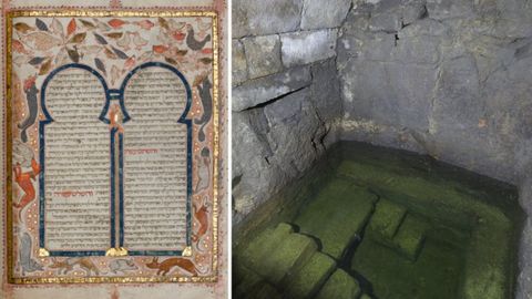Entre los miembros de la juder&iacute;a medieval coru&ntilde;esa que utilizaron el ba&ntilde;o de la calle Sinagoga como lugar de purificaci&oacute;n, podr&iacute;an encontrarse los autores de la lujosa Biblia Kennicott (a la izquierda, el detalle de un folio), cuyo finalizaci&oacute;n en la Ciudad Vieja cumplir&aacute; 550 a&ntilde;os el 24 de julio del 2026. 