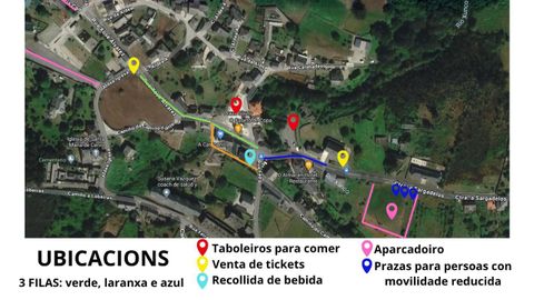 Plano de la Festa do Ovo Frito en Cervo, con dos puntos de venta de tickets y tres filas