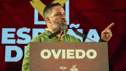 El l�der de Vox, Santiago Abascal, durante su intervenci�n en un acto de precampa�a en Oviedo.