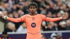 Lamine Yamal celebra el tanto de penalti que anot� en el descuento del duelo de octavos de Champions entre el Barcelona y el Newcastle.