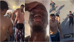 Los jugadores soportaron temperaturas extremas en el interior de la aeronave averiada. En el centro, el defensor Jordan Teze durante el vdeo que grab
