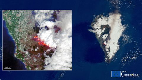 Imagen de la actividad volc�nica en la isla de La Palma desde el sat�lite Copernicus Sentinel-2 captada este s�bado