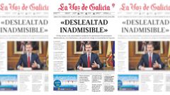Portada de La Voz de Galicia del 4 de octubre del 2017. Imagen con gesto grave de Felipe VI, que acus de deslealtad inadmisible a las autoridades catalanas tras el 1-O
