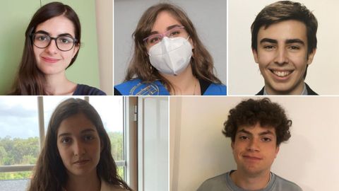 En la fila de arriba, Julia Garca Couce, del IES Monelos y estudiante de Derecho; Lidia Garca Veiga, del IES Eusebio da Guarda, matriculada en Medicina; Gonzalo Mantin Surez, de Pearredonda, alumno de Ingeniera de Telecomunicacin; Sofa Novo Snchez, del Colegio Internacional Eirs, que eligi Filosofa, y Carlos Rodrguez Rivas, de Santa Mara del Mar, y estudiante de Matemticas