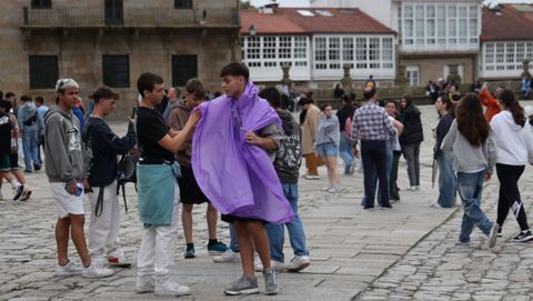 Peregrino camuflado con un chubasquero violeta