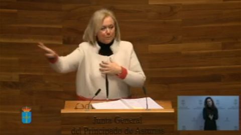 Mercedes Fern�ndez (PP) durante su turno de intervenci�n en el debate del estado de la regi�n