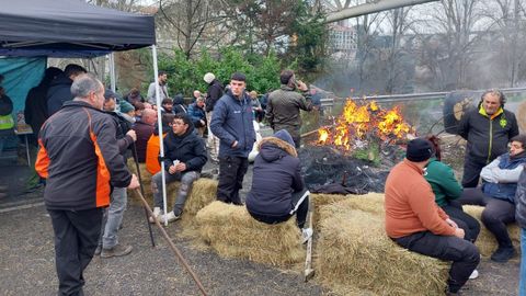 Agricultores y ganaderos han trasladado su protesta a la N-120, en la entrada a la ciudad de Ourense, cortando el acceso