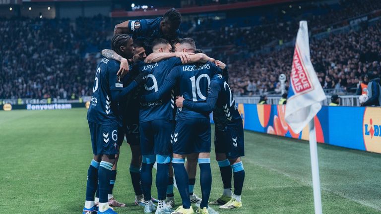 Los jugadores del Celta,�celebrando uno de los goles de la eliminatoria pasada en Lyon.