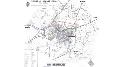 Mapa con las tres lneas de tranva que haba en Oviedo