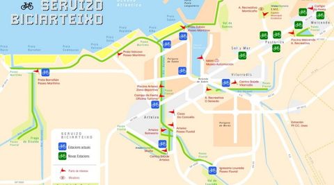 Mapa de las estaciones actuales y futuras del servicio municipal de bicicletas de Arteixo.