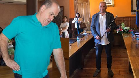 Jos� �ngel �lvarez, �Quir�s�, alcalde de San Mart�n del Rey Aureliio, y Juan Carlos Iglesias, alcalde de Aller, durante sus respectivas tomas de posesi�n