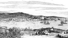 Panorámica de Vigo desde el Monte de A Guía en una estampa del siglo XIX