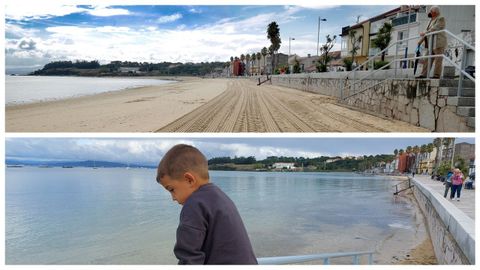 La playa de Os Areos, en A Pobra. Arriba, en bajamar; en la parte inferior, en pleamar