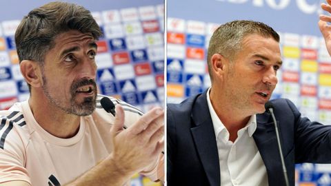 Veljko Paunovic y Luis Carrin, en la sala de prensa del Carlos Tartiere