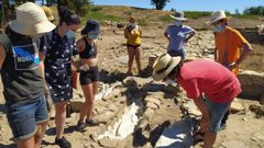 Los voluntarios que participan en el campo de trabajo colaboran en la investigaci�n del cementerio medieval descubierto en el castro de Cereixa