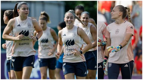 María Méndez y Athenea del Castillo, durante un entrenamiento en Lausana. En la imagen de la derecha, la guardameta Esther Sullastres.